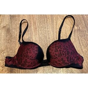 Victoria's Secret Push Up Bra 36A Black Burgundy Lace Underwire Red Coquette
